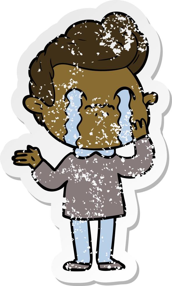 distressed sticker of a cartoon man crying vector