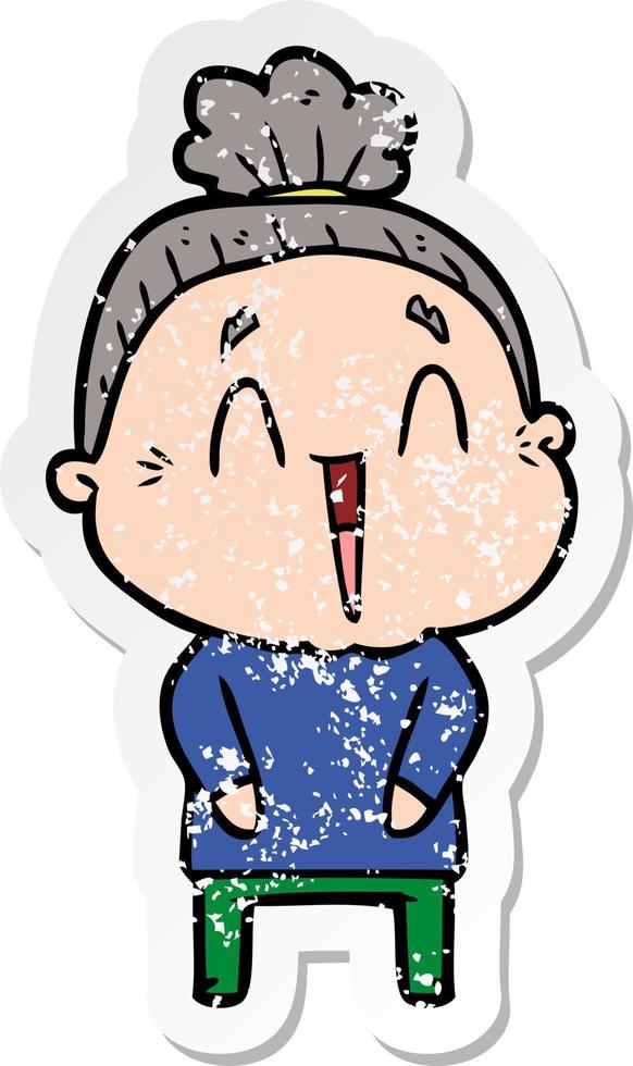 distressed sticker of a cartoon happy old lady vector