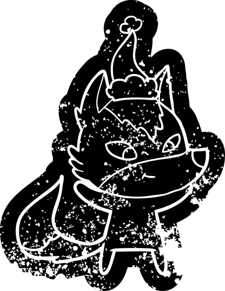 friendly cartoon distressed icon of a wolf wearing santa hat vector