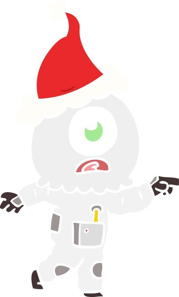 flat color illustration of a cyclops alien spaceman pointing wearing santa hat vector