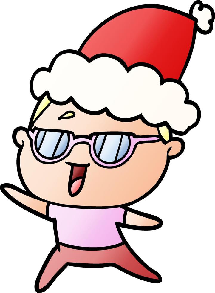 gradient cartoon of a happy woman wearing spectacles wearing santa hat vector
