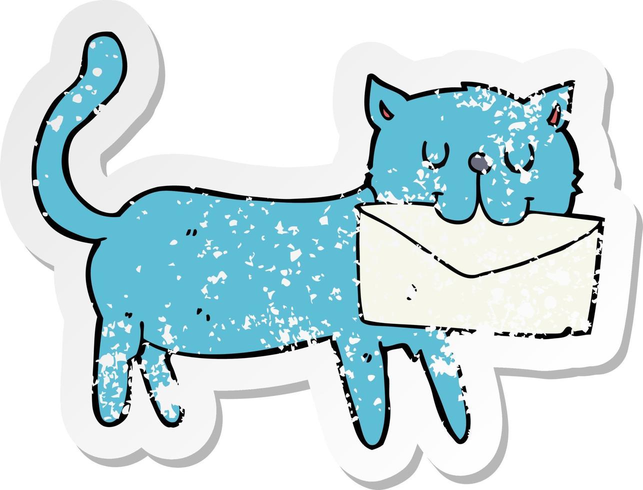 retro distressed sticker of a cartoon cat carrying letter vector