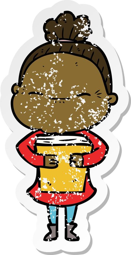distressed sticker of a cartoon peaceful old woman vector