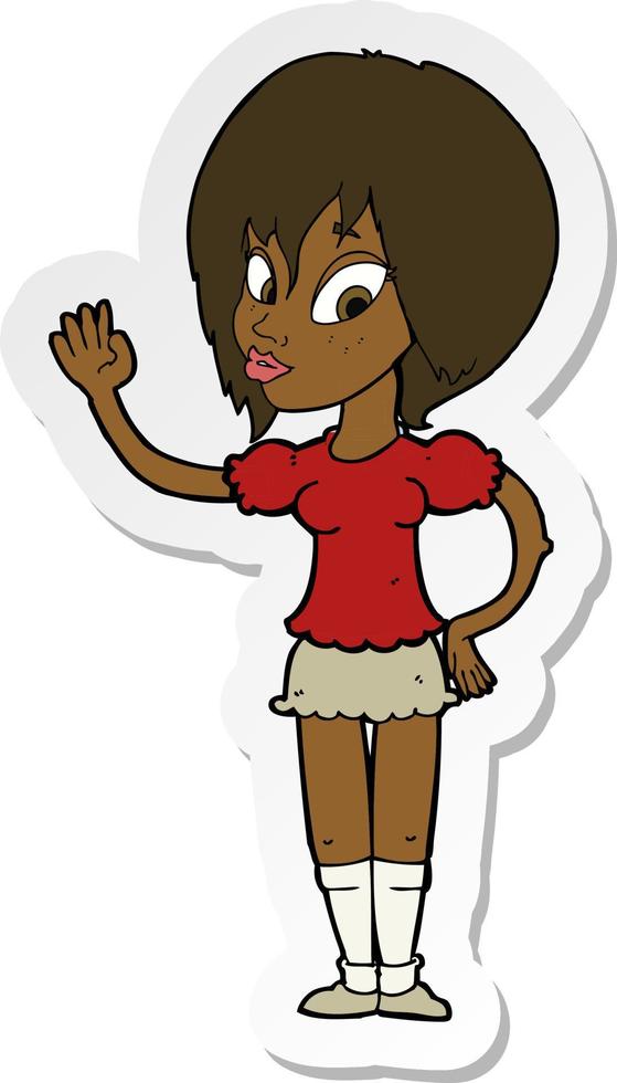 sticker of a cartoon pretty woman waving vector
