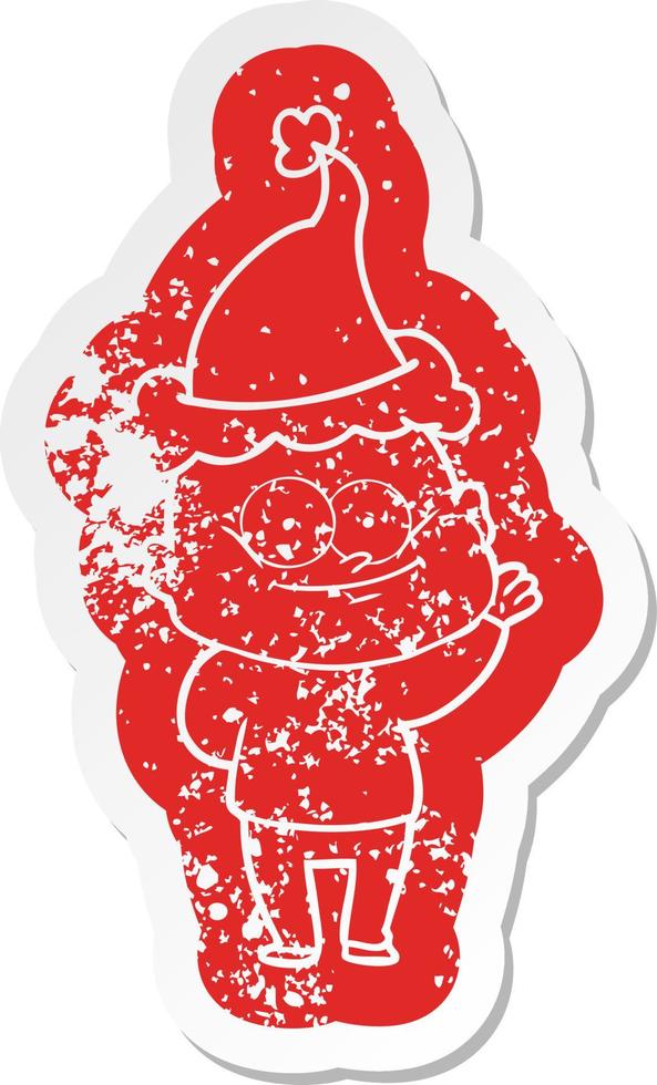 cartoon distressed sticker of a bald man staring wearing santa hat vector