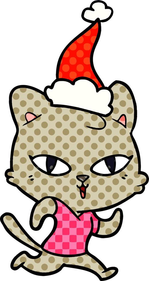 comic book style illustration of a cat out for a run wearing santa hat vector