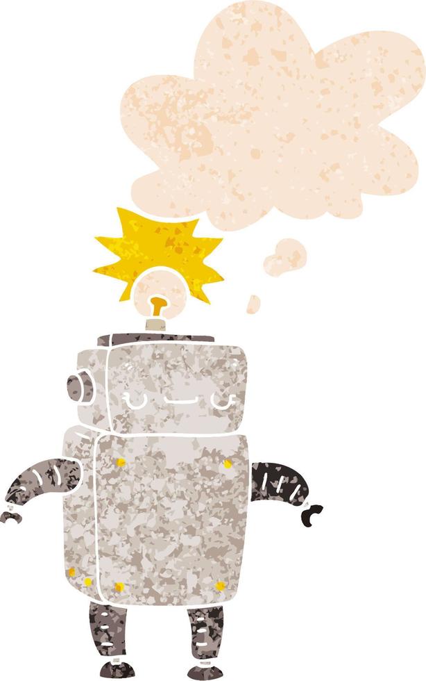 cartoon robot and thought bubble in retro textured style vector