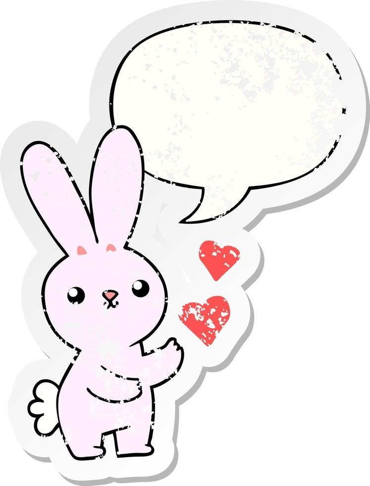 lindo conejo de dibujos animados y corazones de amor y pegatina angustiada de burbujas de discurso vector