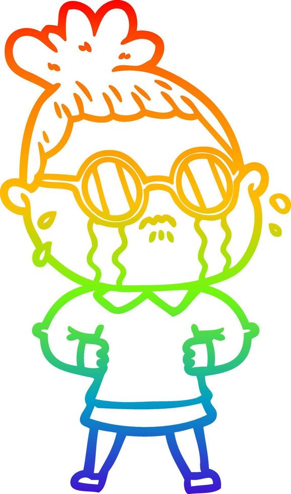 rainbow gradient line drawing cartoon crying woman wearing spectacles vector