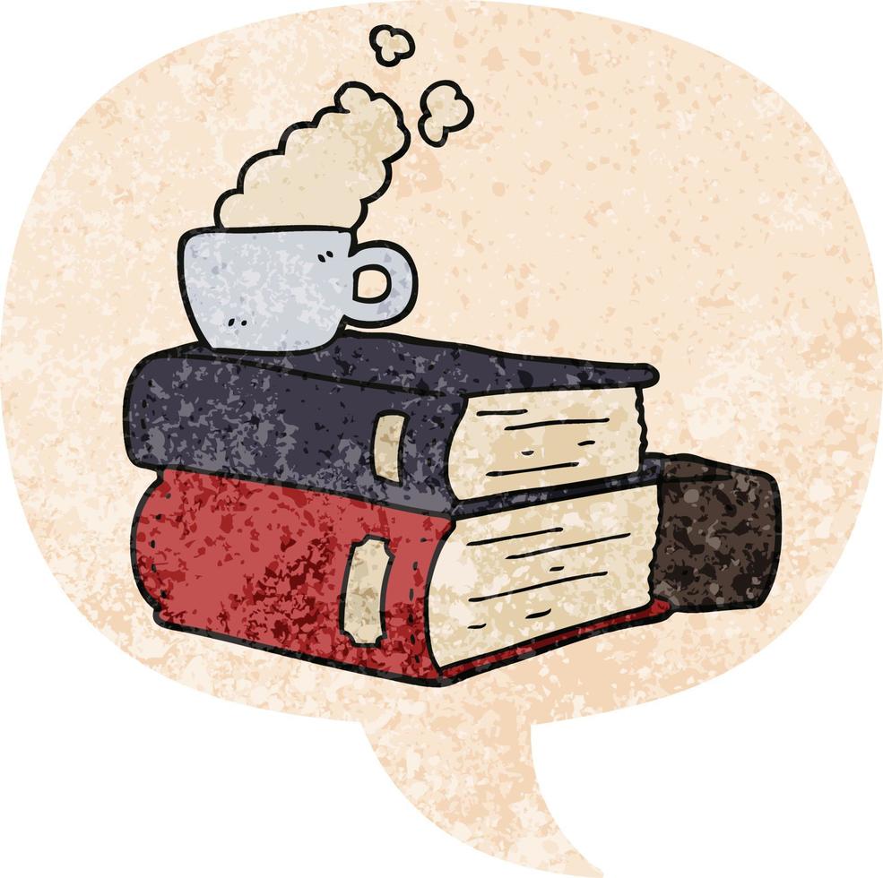 libros de dibujos animados y taza de café y burbuja de habla en estilo retro texturizado vector