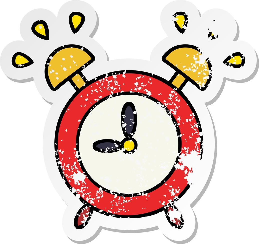 distressed sticker of a cute cartoon ringing alarm clock vector