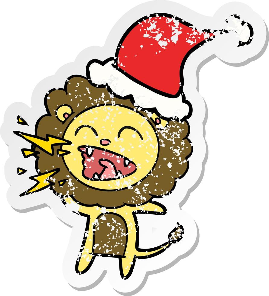 distressed sticker cartoon of a roaring lion wearing santa hat vector