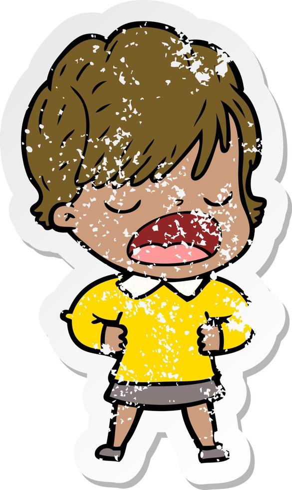 distressed sticker of a cartoon woman talking vector