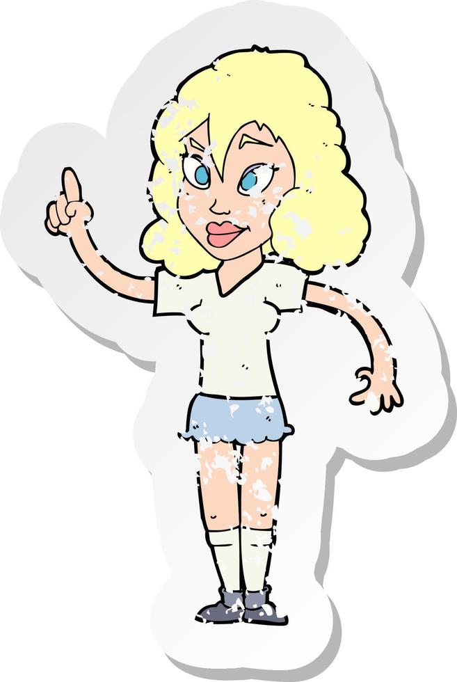 retro distressed sticker of a cartoon pretty woman with idea vector