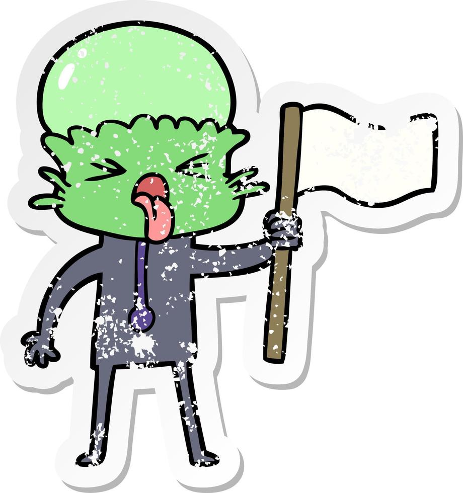 distressed sticker of a weird cartoon alien waving flag vector