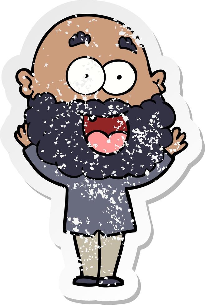distressed sticker of a cartoon crazy happy man with beard vector