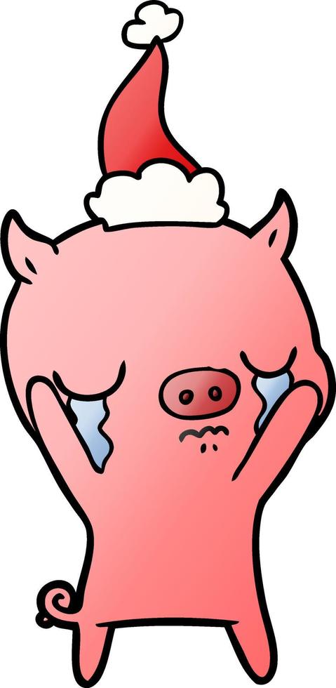 gradient cartoon of a pig crying wearing santa hat vector