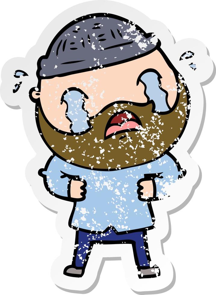 distressed sticker of a cartoon bearded man crying vector