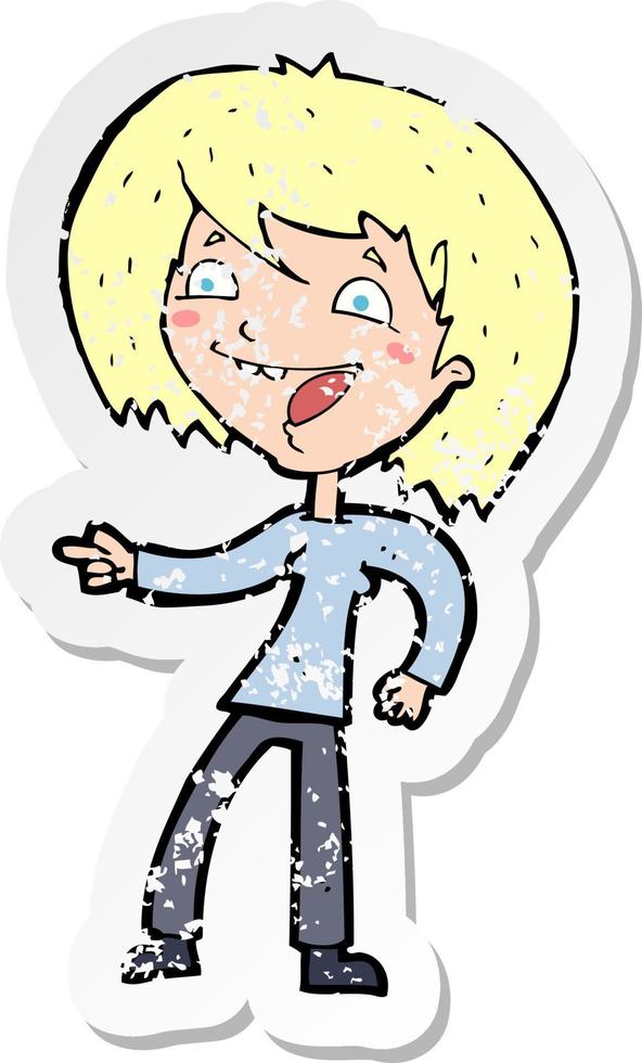 retro distressed sticker of a cartoon woman laughing and pointing vector