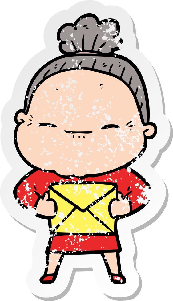 distressed sticker of a cartoon peaceful old woman vector