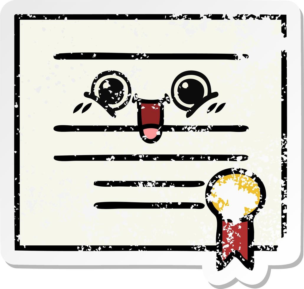 distressed sticker of a cute cartoon graduation diploma vector
