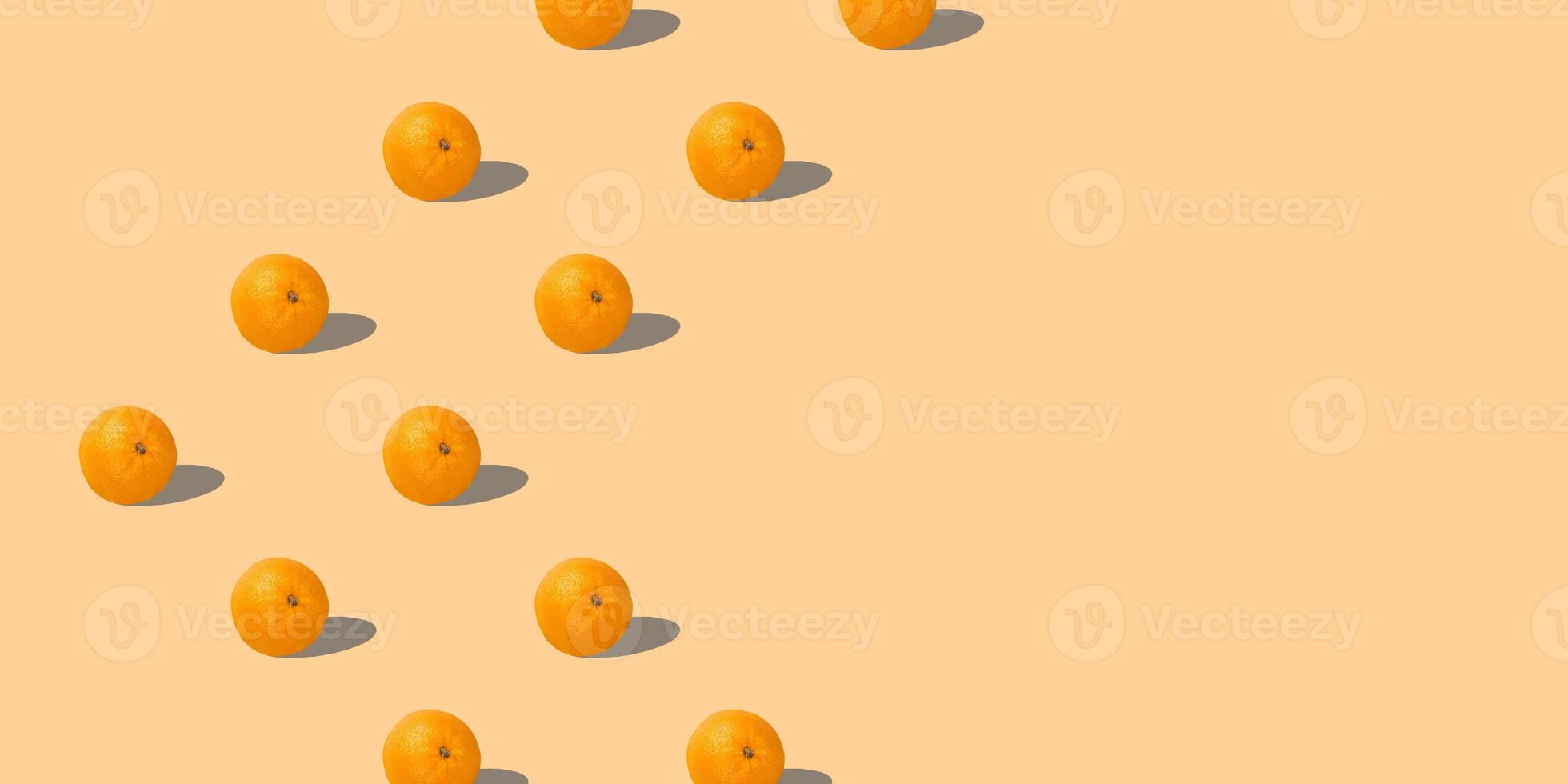Fruit pattern of fresh oranges 3d render on yellow background. Pop art design, creative summer concept. Set. Seamless texture pattern. 3D illustration with copy space. photo
