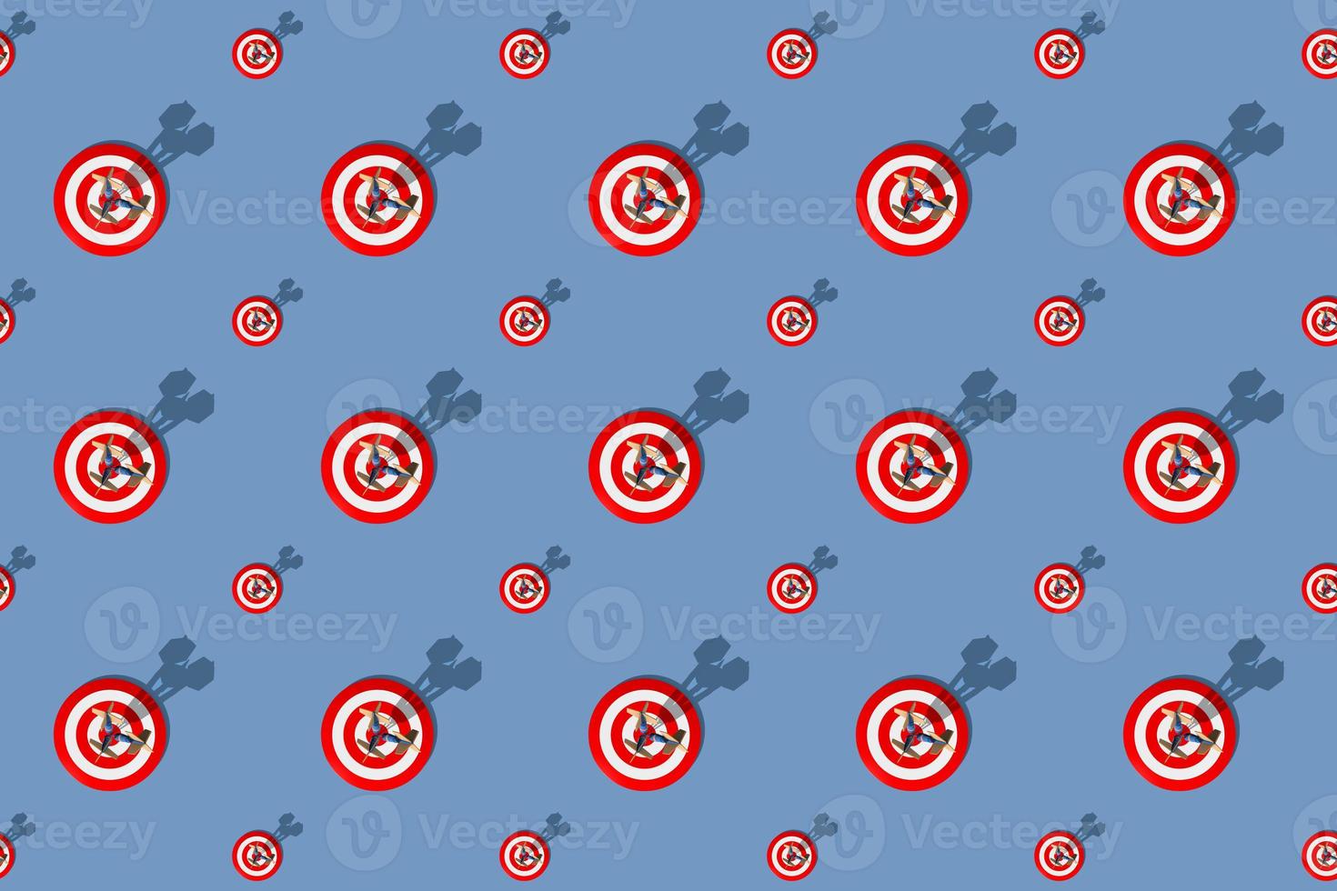 Darts 3d render big and small on blue background. Set. Three multi-colored darts hit the center of the target. Long harsh shadow from the summer sunshine. Seamless texture pattern. 3D illustration. photo