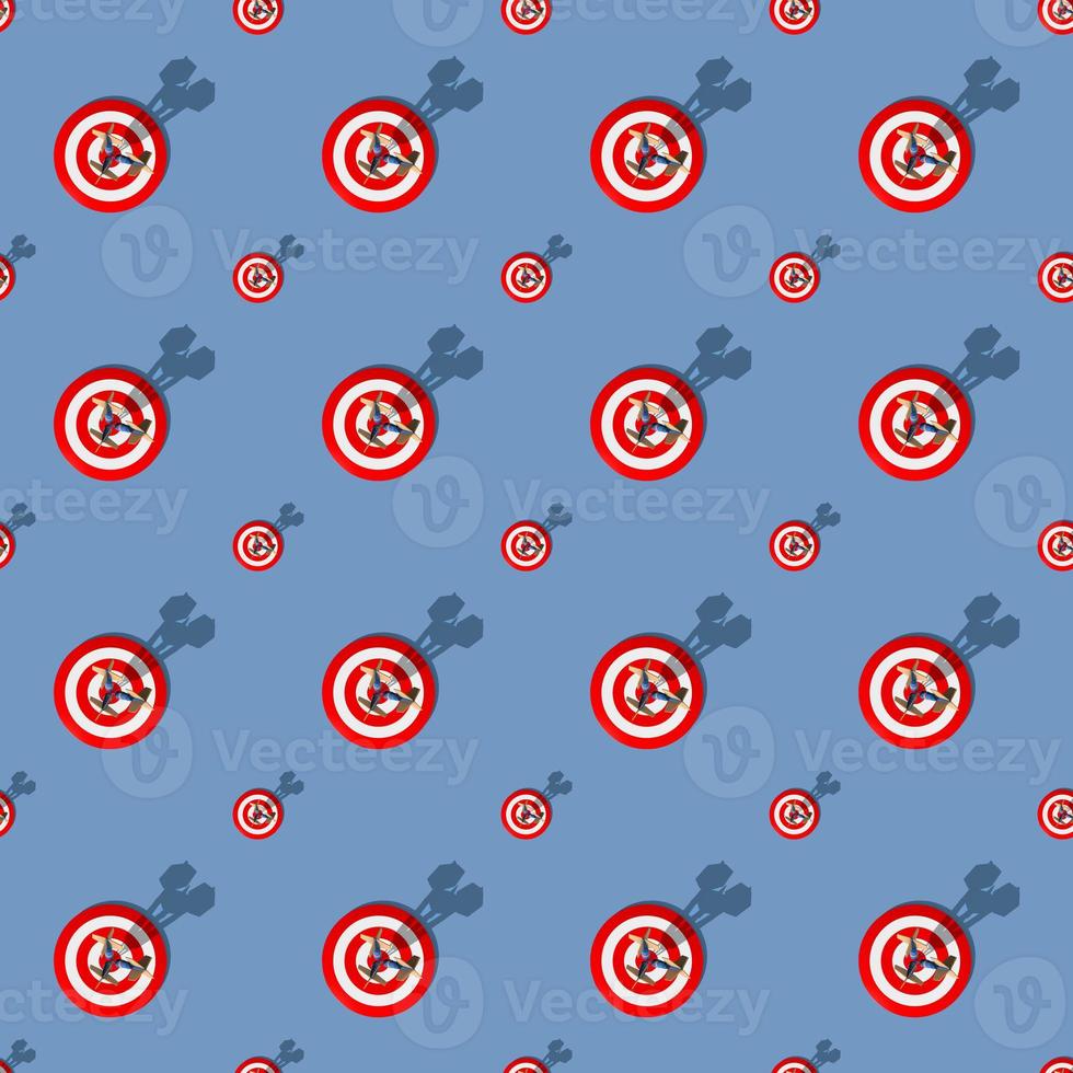 Darts 3d render big and small on blue background. Set. Three multi-colored darts hit the center of the target. Long harsh shadow from the summer sunshine. Seamless texture pattern. 3D illustration. photo
