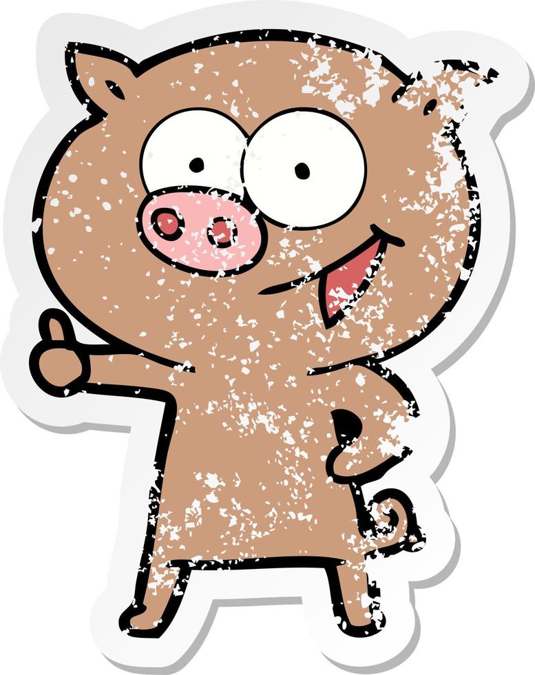 distressed sticker of a cheerful pig cartoon vector