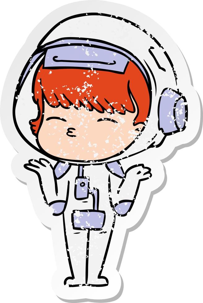 distressed sticker of a cartoon curious astronaut vector