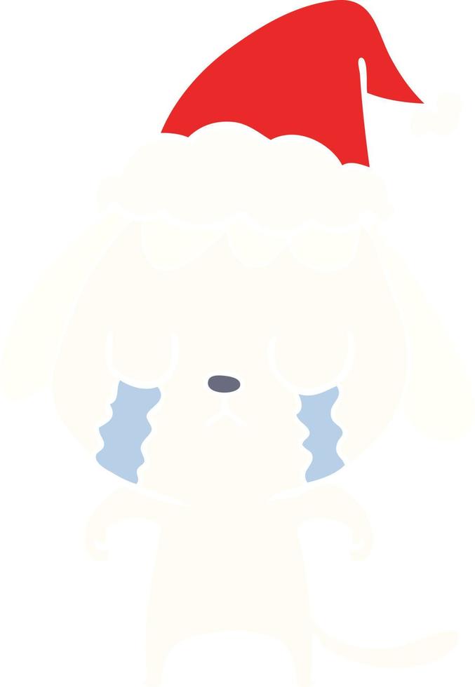 cute flat color illustration of a dog crying wearing santa hat vector