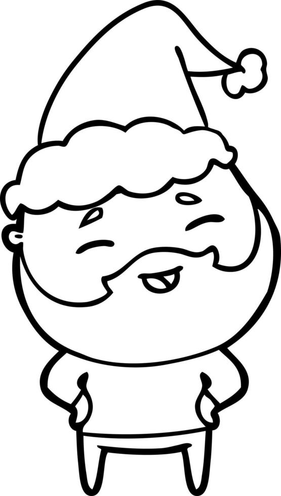 line drawing of a happy bearded man wearing santa hat vector