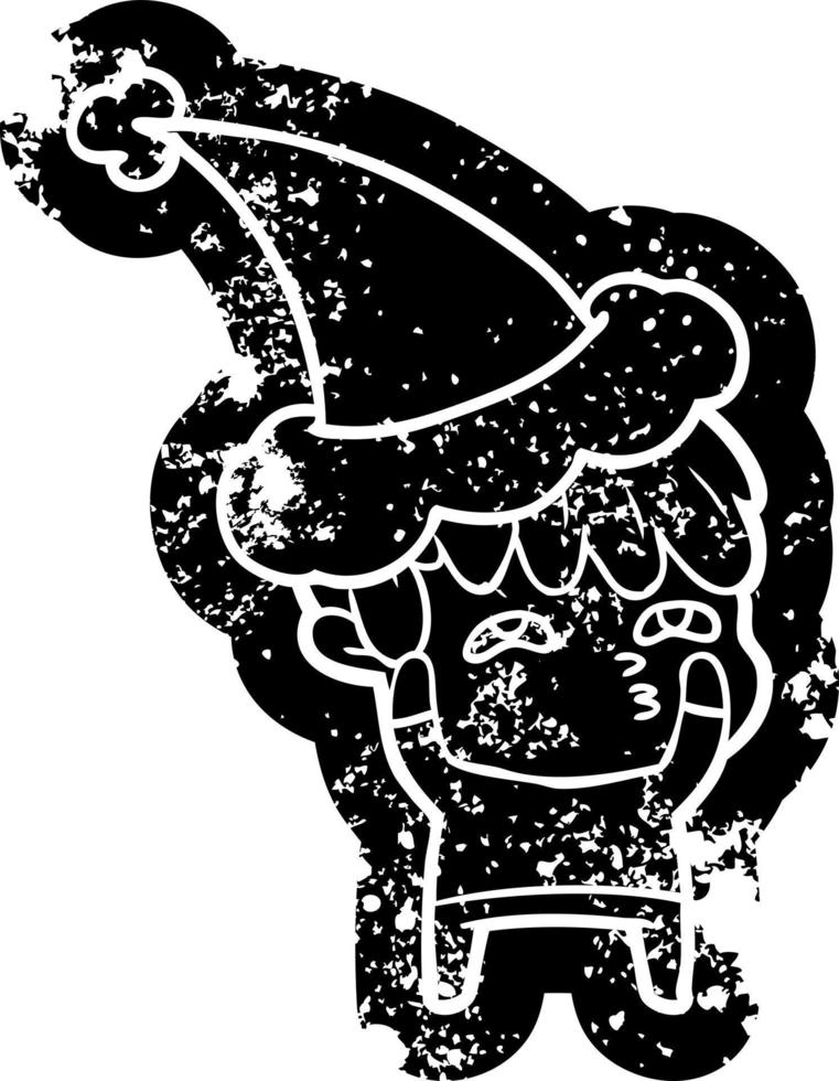 cartoon distressed icon of a curious man wearing santa hat vector