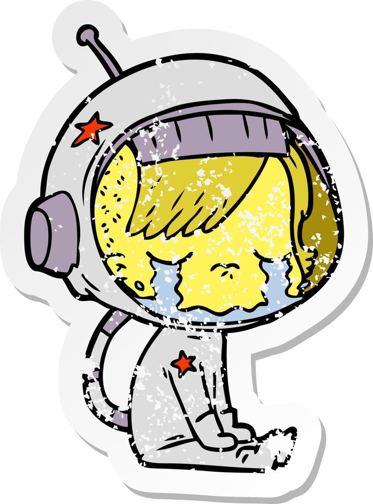 pegatina angustiada de una niña astronauta llorando de dibujos animados sentada vector