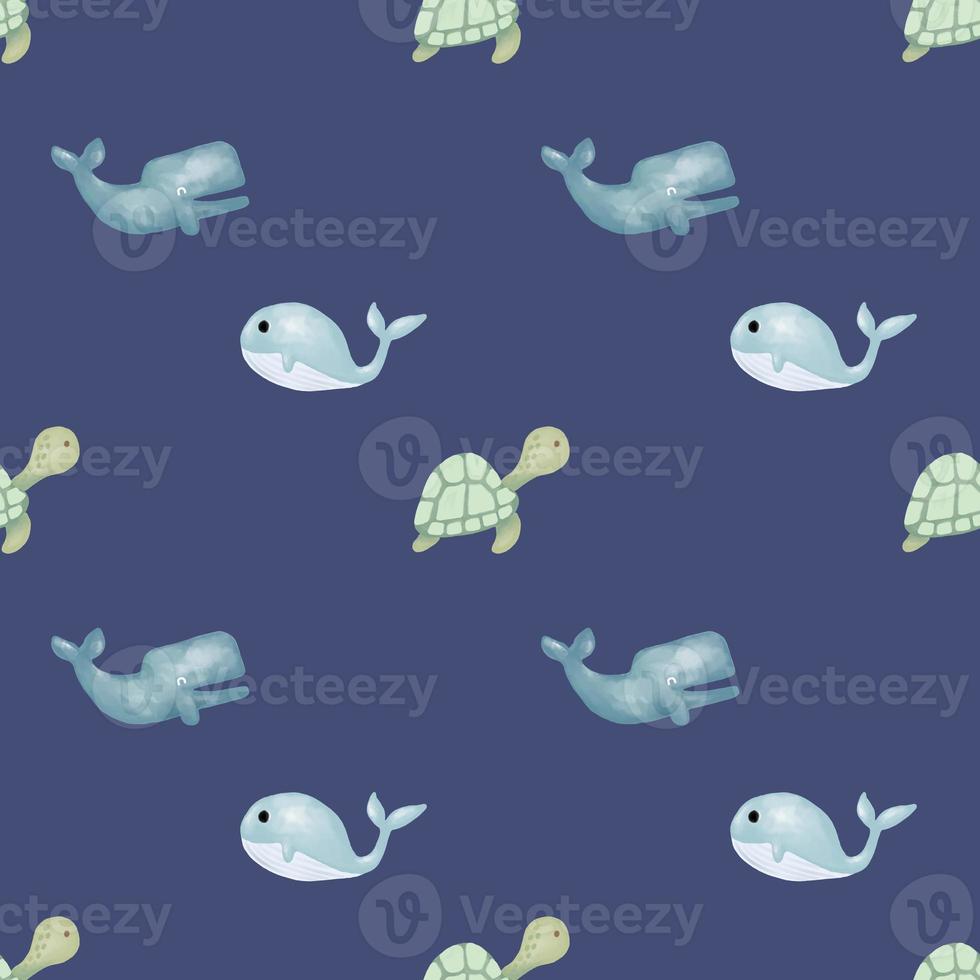 Cute seamless hand drawn watercolor whale and turtle elephant pattern background photo