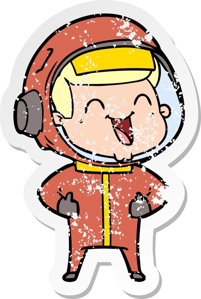 distressed sticker of a happy cartoon astronaut vector