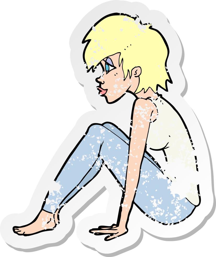 retro distressed sticker of a cartoon woman sitting vector