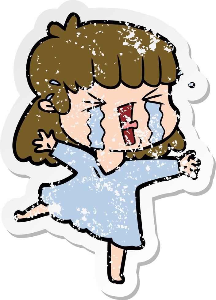 distressed sticker of a cartoon woman in tears vector