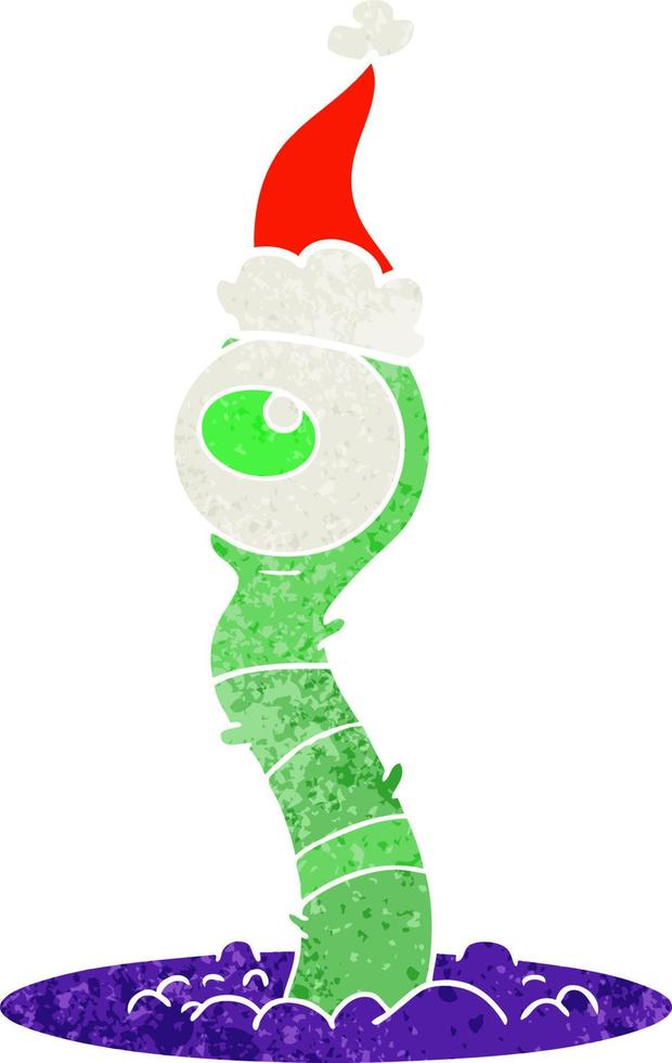 retro cartoon of a alien swamp monster wearing santa hat vector