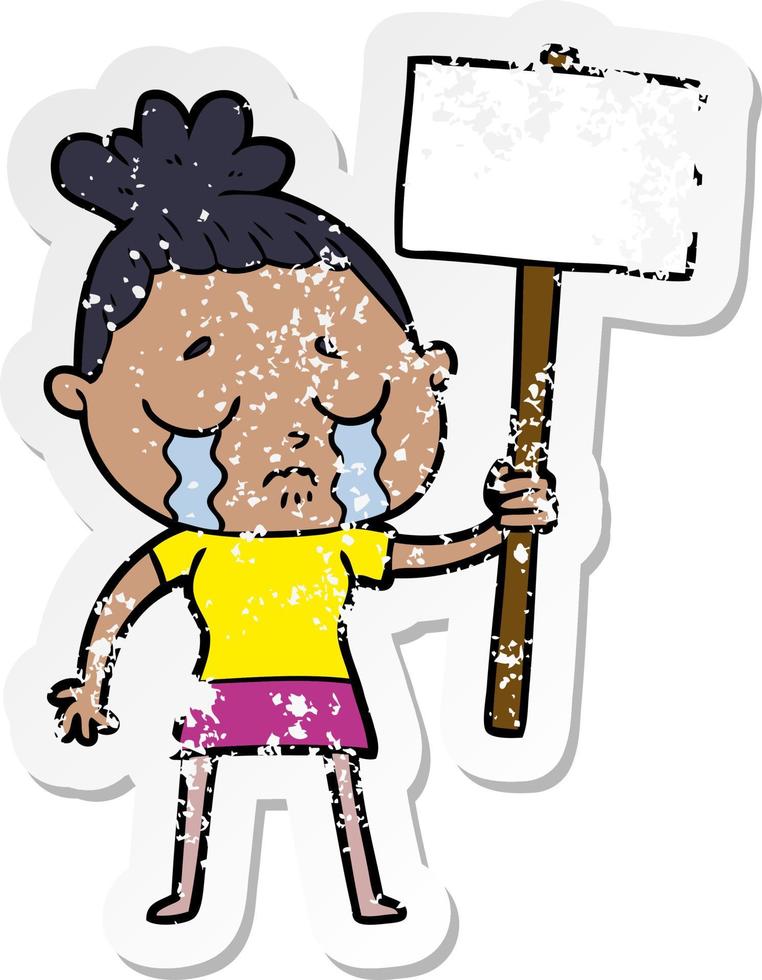 distressed sticker of a cartoon crying woman with protest sign vector