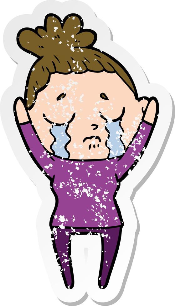 distressed sticker of a cartoon crying woman vector