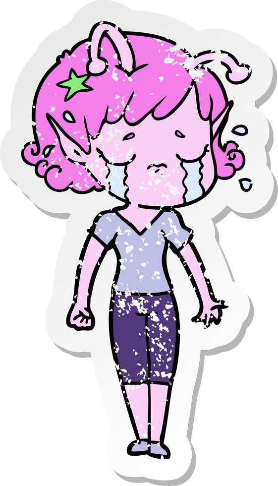 distressed sticker of a cartoon crying alien girl vector