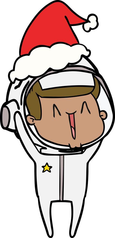 happy line drawing of a astronaut wearing santa hat vector