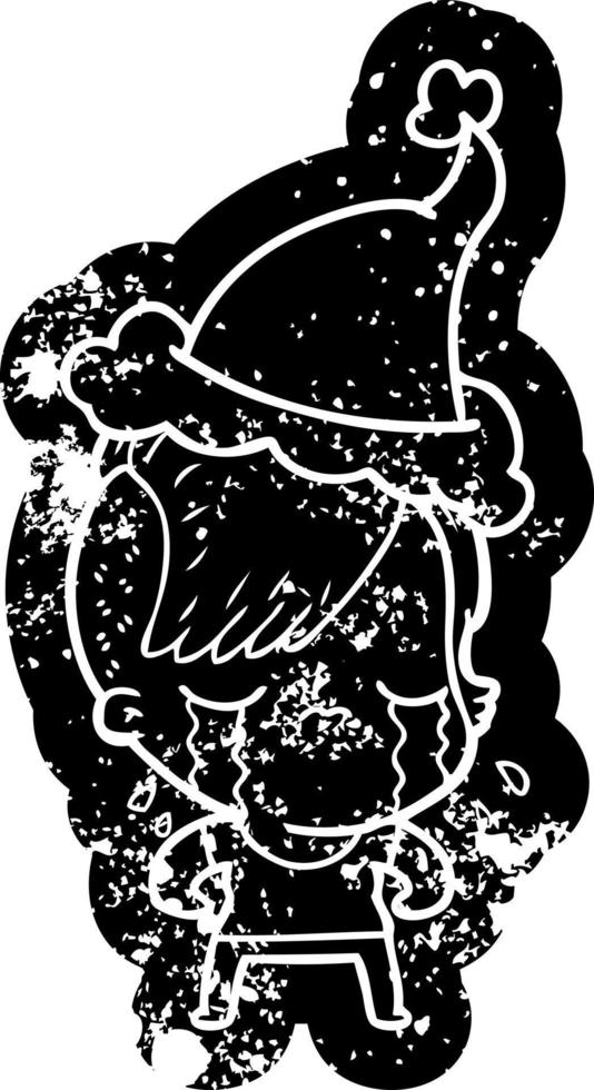 cartoon distressed icon of a crying girl wearing santa hat vector