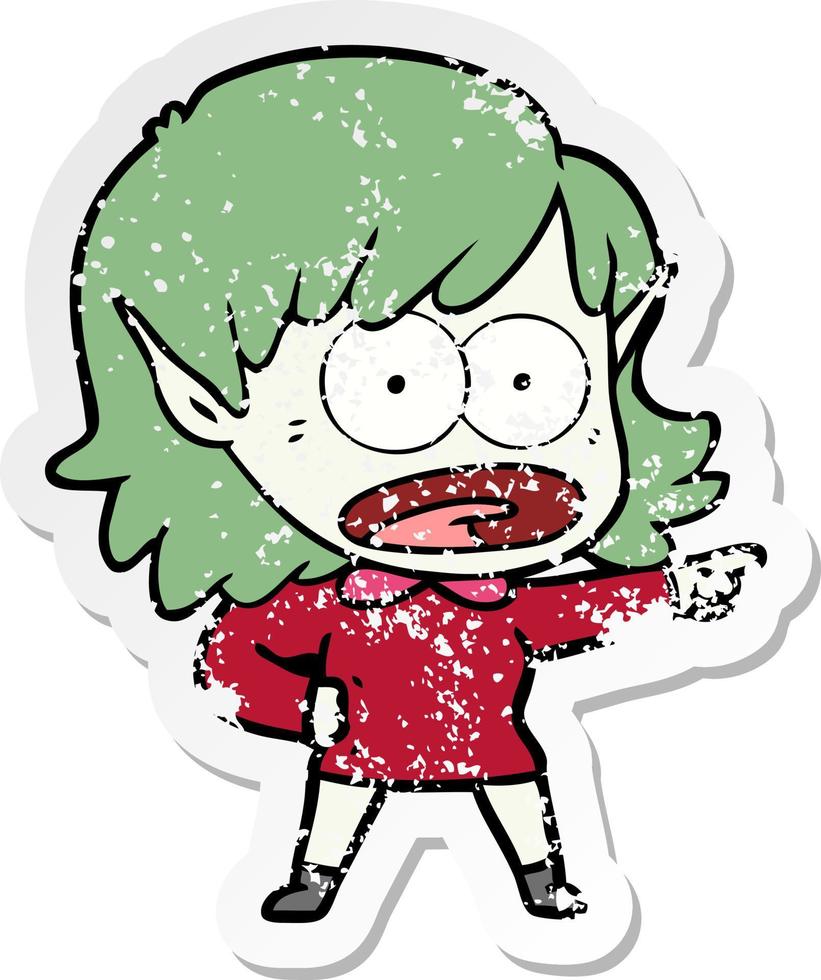 distressed sticker of a cartoon shocked elf girl pointing vector