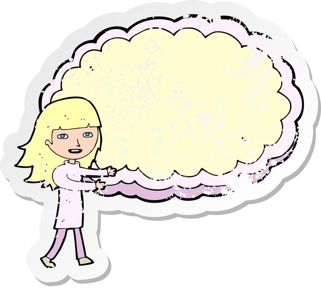 retro distressed sticker of a cartoon girl with cloud text space vector