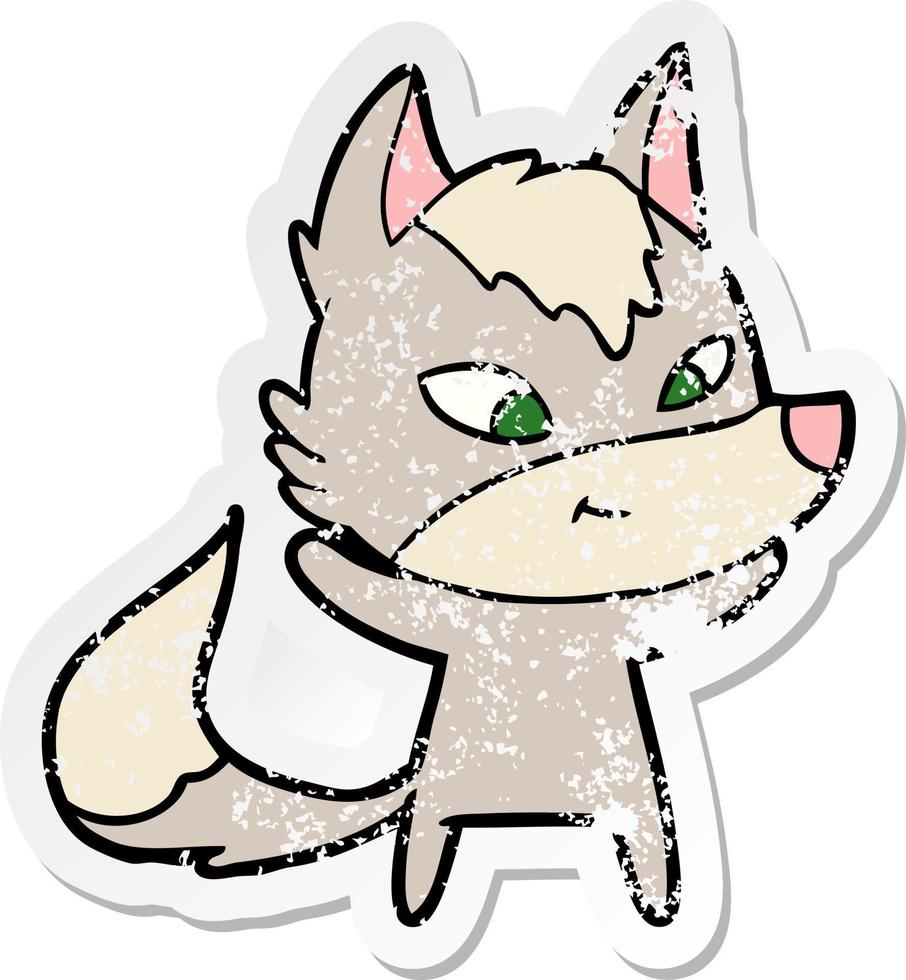 distressed sticker of a friendly cartoon wolf vector