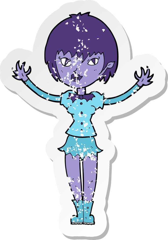 retro distressed sticker of a cartoon vampire girl vector