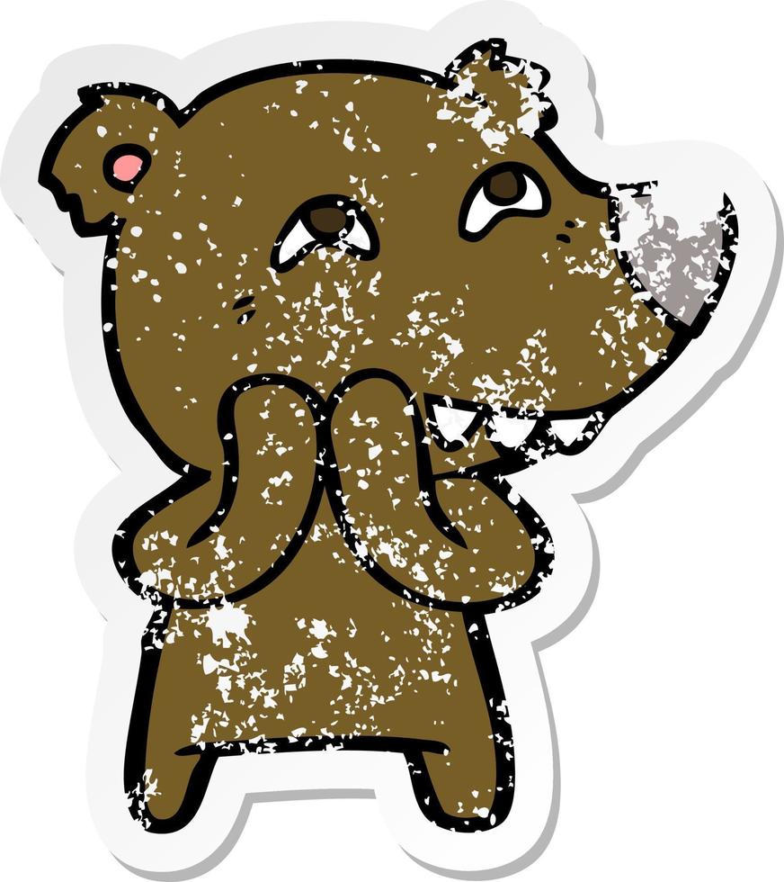 distressed sticker of a cartoon bear showing teeth vector