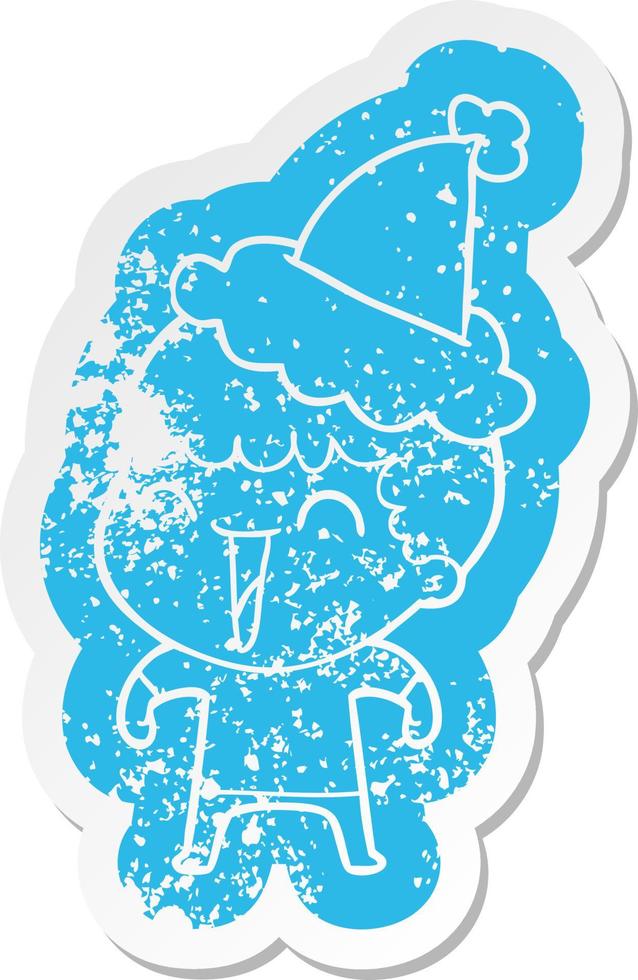 cartoon distressed sticker of a happy man wearing santa hat vector